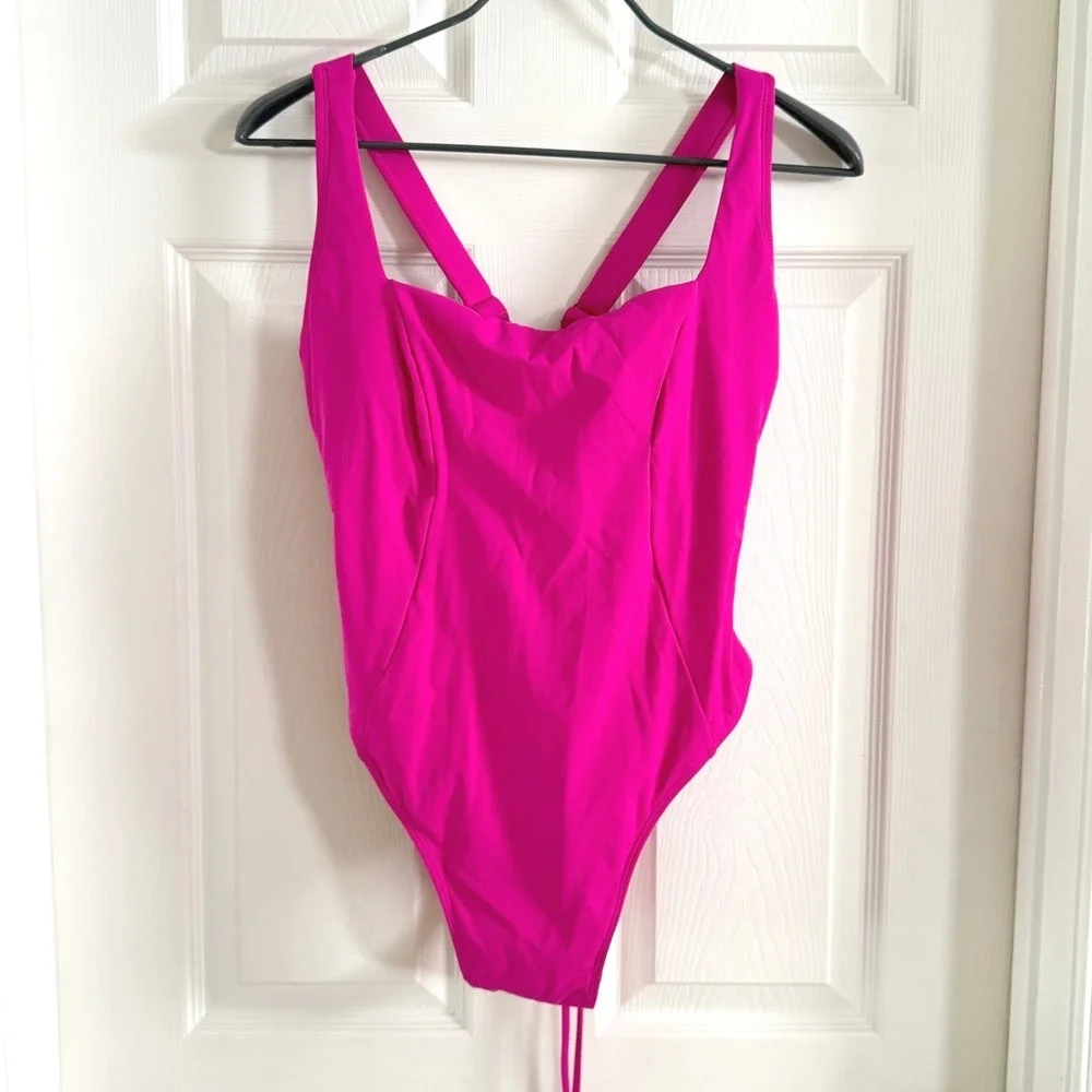 TA3 Hi Cut Squarey‎ One Piece Swimsuit Pink Sculpting Lace Up Back 2X Short 3.0
